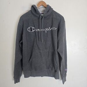 Champion Hoodie Men Medium Gray Spellout Pullover Athleisure Outdoor Lounge